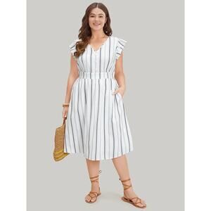 Rare 5X 28 Plus Size Blue White Stripe BloomChic Midi Dress Pocket Ruffle Sleeve